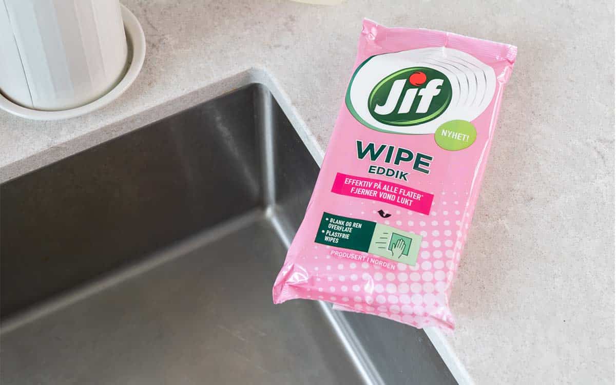 Vaske rustfritt stål med Jif Eddikwipes.